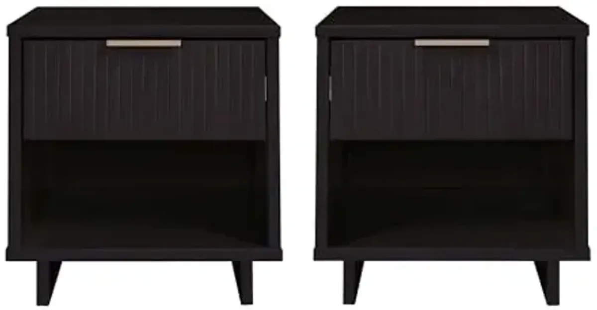 Manhattan Comfort Granville 1-Drawer Nightstand Set of 2, Modern Glam Bedside Table with Ribbed Design and Gold Handles, Ideal for Living Room and Bedroom Use, Black