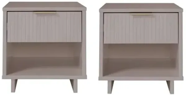 Manhattan Comfort Granville 1-Drawer Nightstand Set of 2, Modern Glam Bedside Table with Ribbed Design and Gold Handles, Ideal for Living Room and Bedroom Use, Light Grey