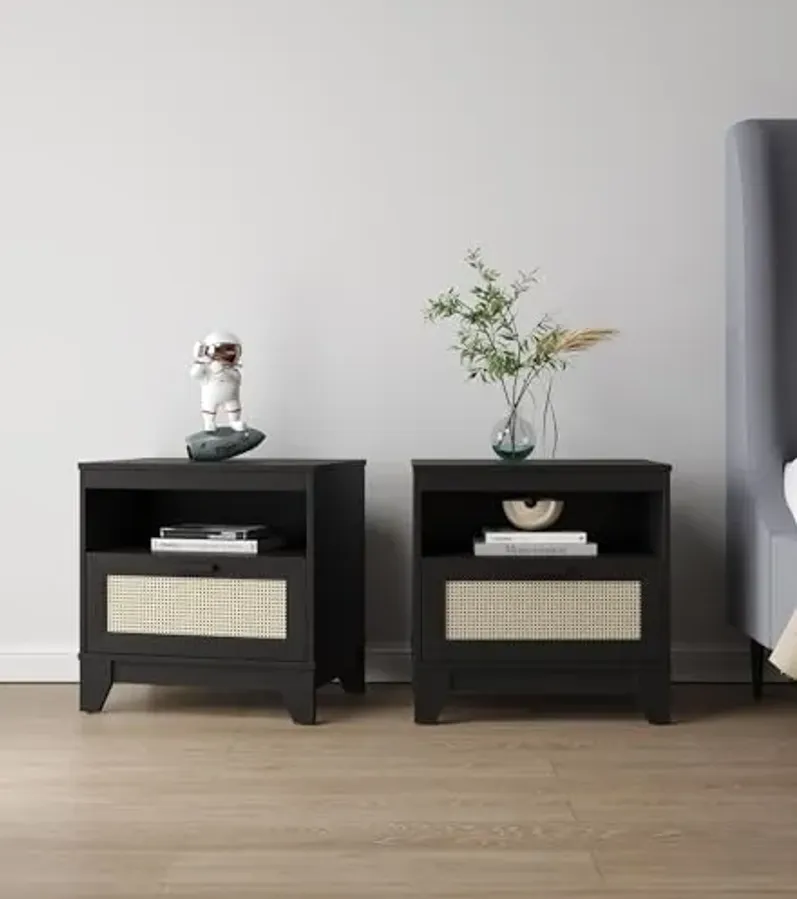 Manhattan Comfort Sheridan Cane Mid Century Modern Nightstand with 1 Full-Extension Drawer and Open Cubby Space, Elegant Bedside Table and Decor Accent for Bedroom and Living Room, Set of 2, Black