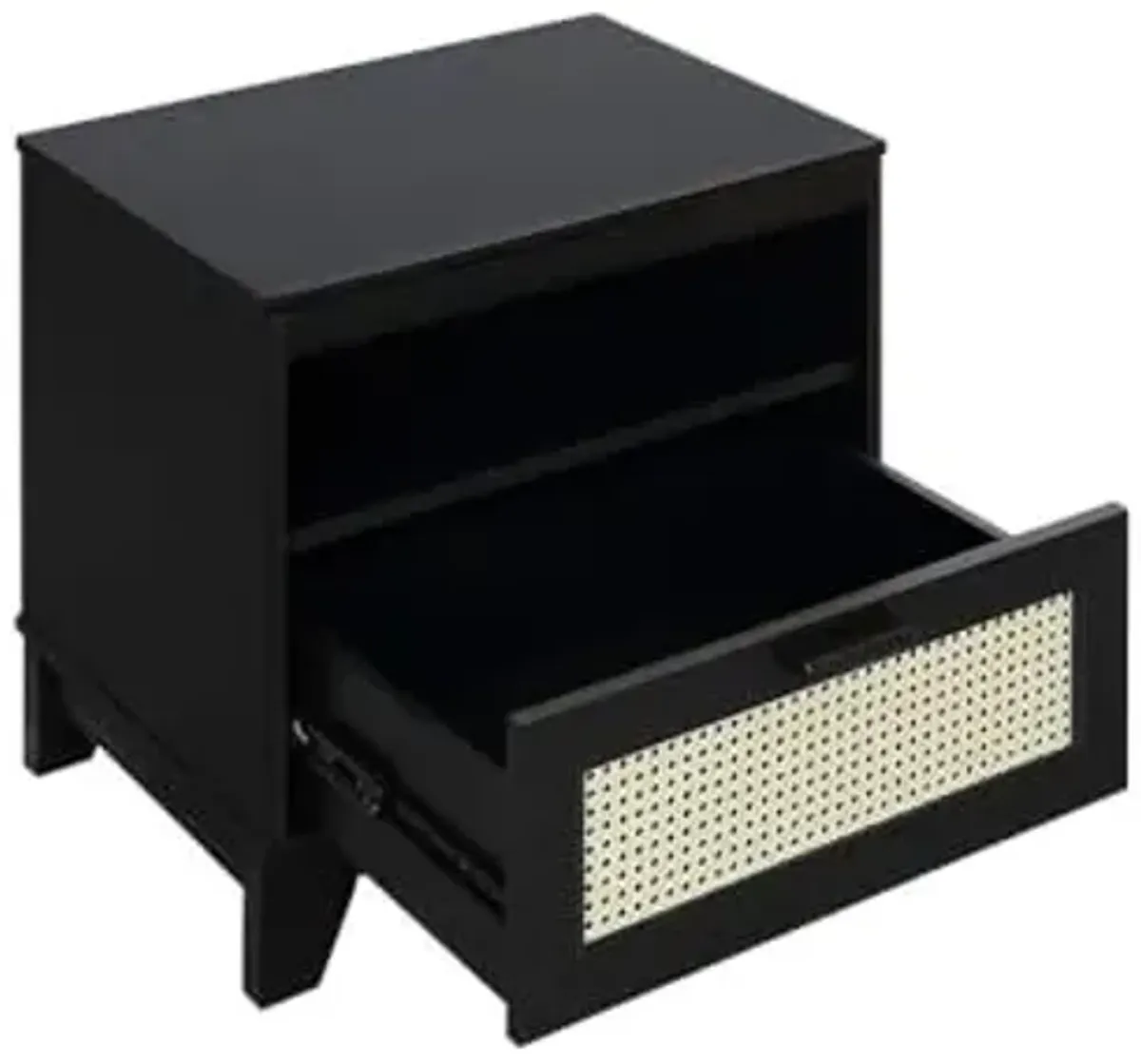 Manhattan Comfort Sheridan Cane Nightstand with Full-Extension Drawer and Open Shelf Cubby, Mid-Century Modern Bedside End Table, Boho Night Stand Accent Table for Bedroom or Living Room in Black