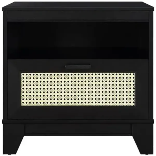 Manhattan Comfort Sheridan Cane Nightstand with Full-Extension Drawer and Open Shelf Cubby, Mid-Century Modern Bedside End Table, Boho Night Stand Accent Table for Bedroom or Living Room in Black