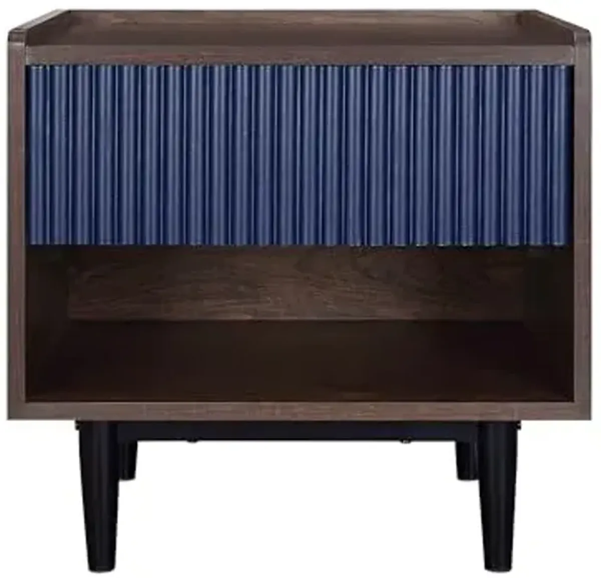 Manhattan Comfort Duane Fluted Nightstand with Full Extension Drawer and Open Shelf, Steel Legs, Bedside Table, Industrial Chic Accent Table for Living Room, Entryway and Bedroom in Navy Blue