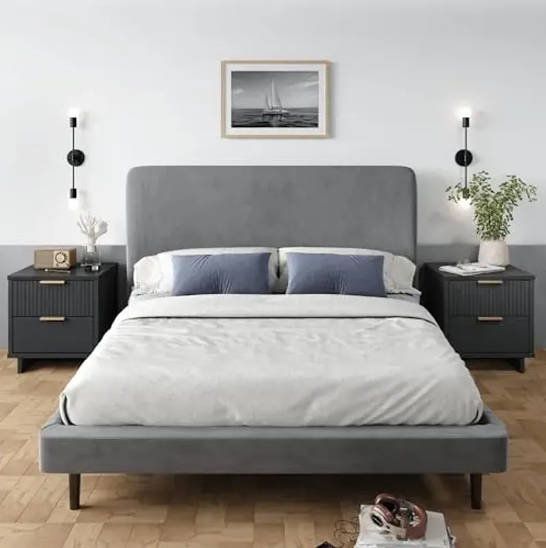 Manhattan Comfort Granville 2-Drawer Nightstand Set of 2, Modern Glam Bedside Table with Ribbed Design and Gold Handles, Ideal for Living Room and Bedroom Use, Dark Grey