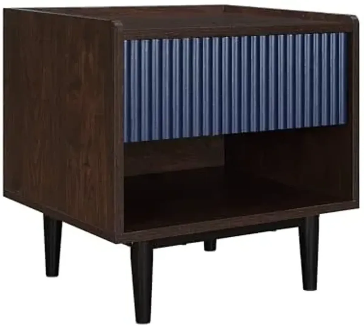 Manhattan Comfort Duane Modern Ribbed Nightstand Set of 2, Bedside Table with Full Extension Drawer and Open Shelf, Industrial Chic Living Room and Bedroom Furniture, Navy Blue