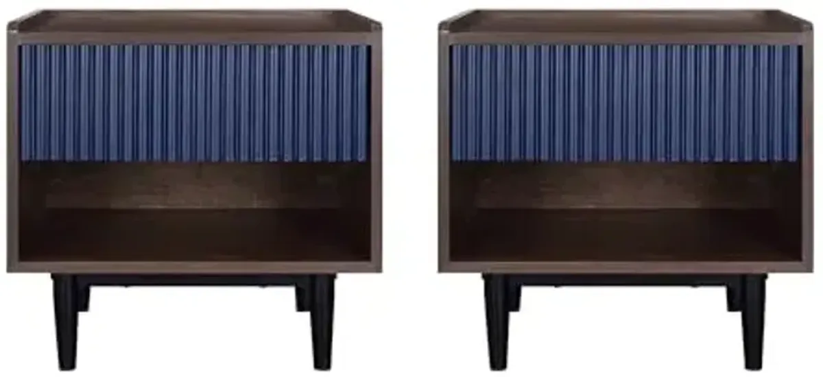 Manhattan Comfort Duane Modern Ribbed Nightstand Set of 2, Bedside Table with Full Extension Drawer and Open Shelf, Industrial Chic Living Room and Bedroom Furniture, Navy Blue