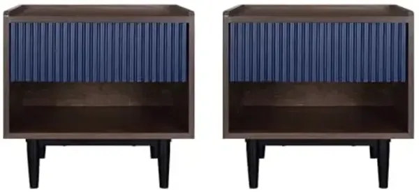 Manhattan Comfort Duane Modern Ribbed Nightstand Set of 2, Bedside Table with Full Extension Drawer and Open Shelf, Industrial Chic Living Room and Bedroom Furniture, Navy Blue