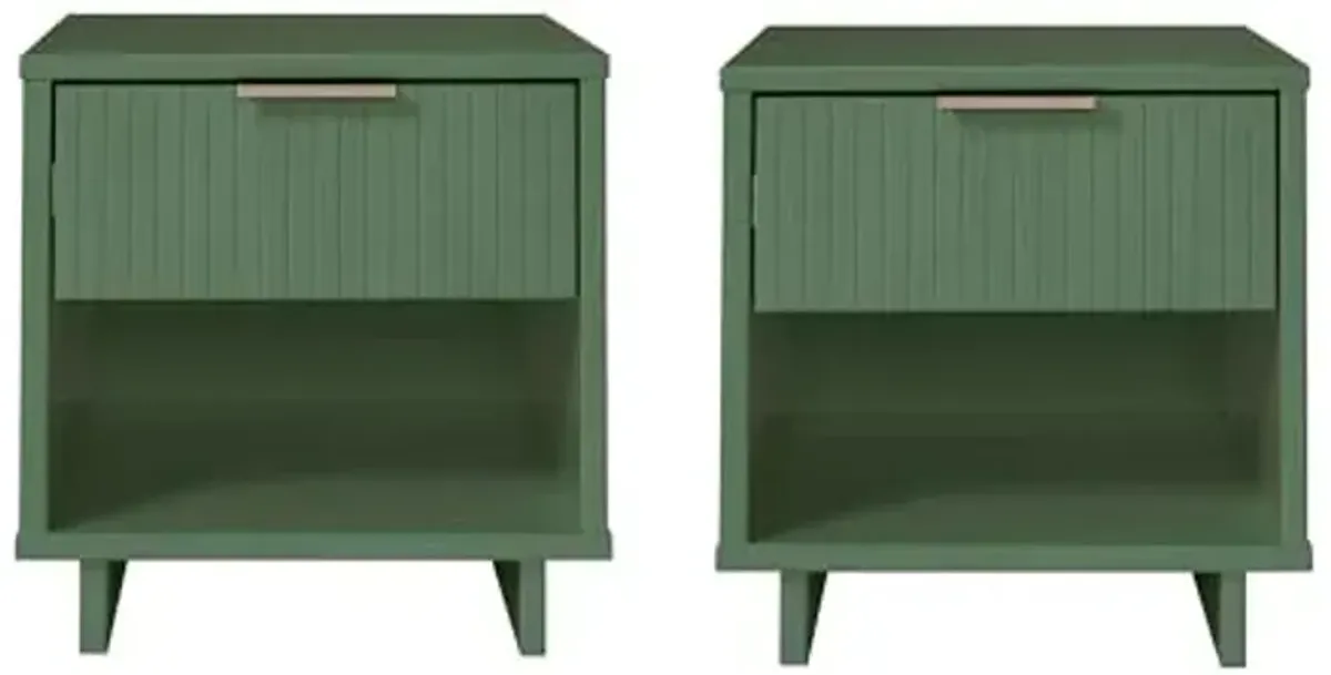 Manhattan Comfort Granville 1-Drawer Nightstand Set of 2, Modern Glam Bedside Table with Ribbed Design and Gold Handles, Ideal for Living Room and Bedroom Use, Sage Green