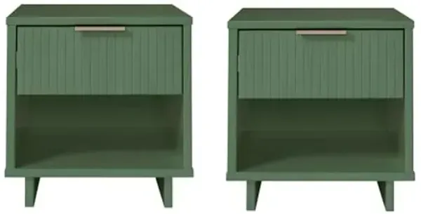 Manhattan Comfort Granville 1-Drawer Nightstand Set of 2, Modern Glam Bedside Table with Ribbed Design and Gold Handles, Ideal for Living Room and Bedroom Use, Sage Green