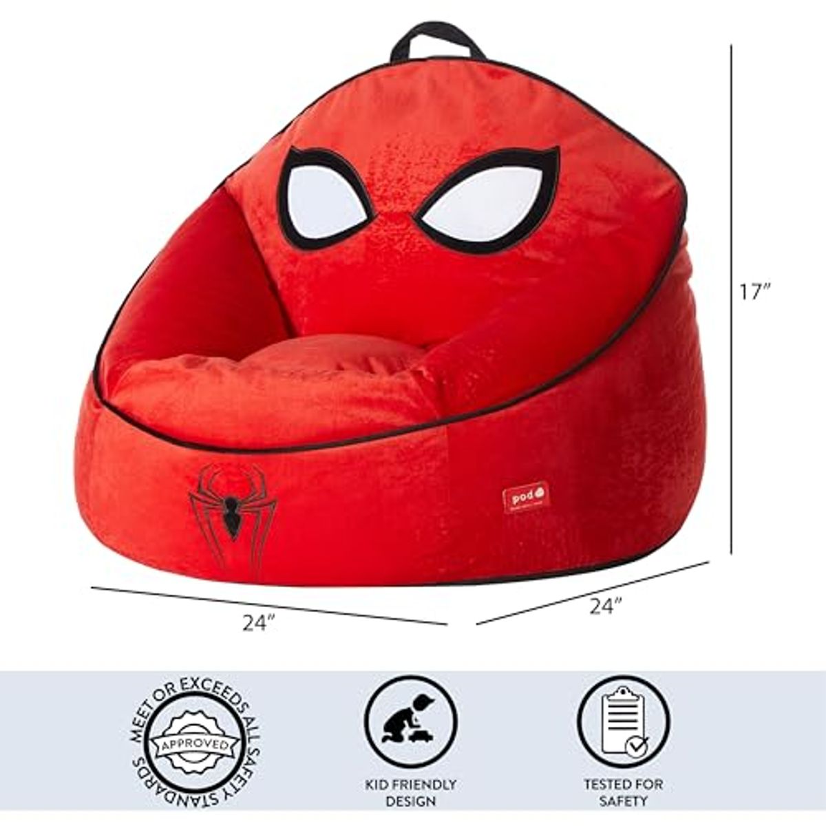 Idea Nuova Marvel Spiderman Hillside by pod Comfortable Bean Bag Chair for Kids – Durable Fabric, Ideal for Playrooms and Bedrooms,24" Wx24 Dx17 H