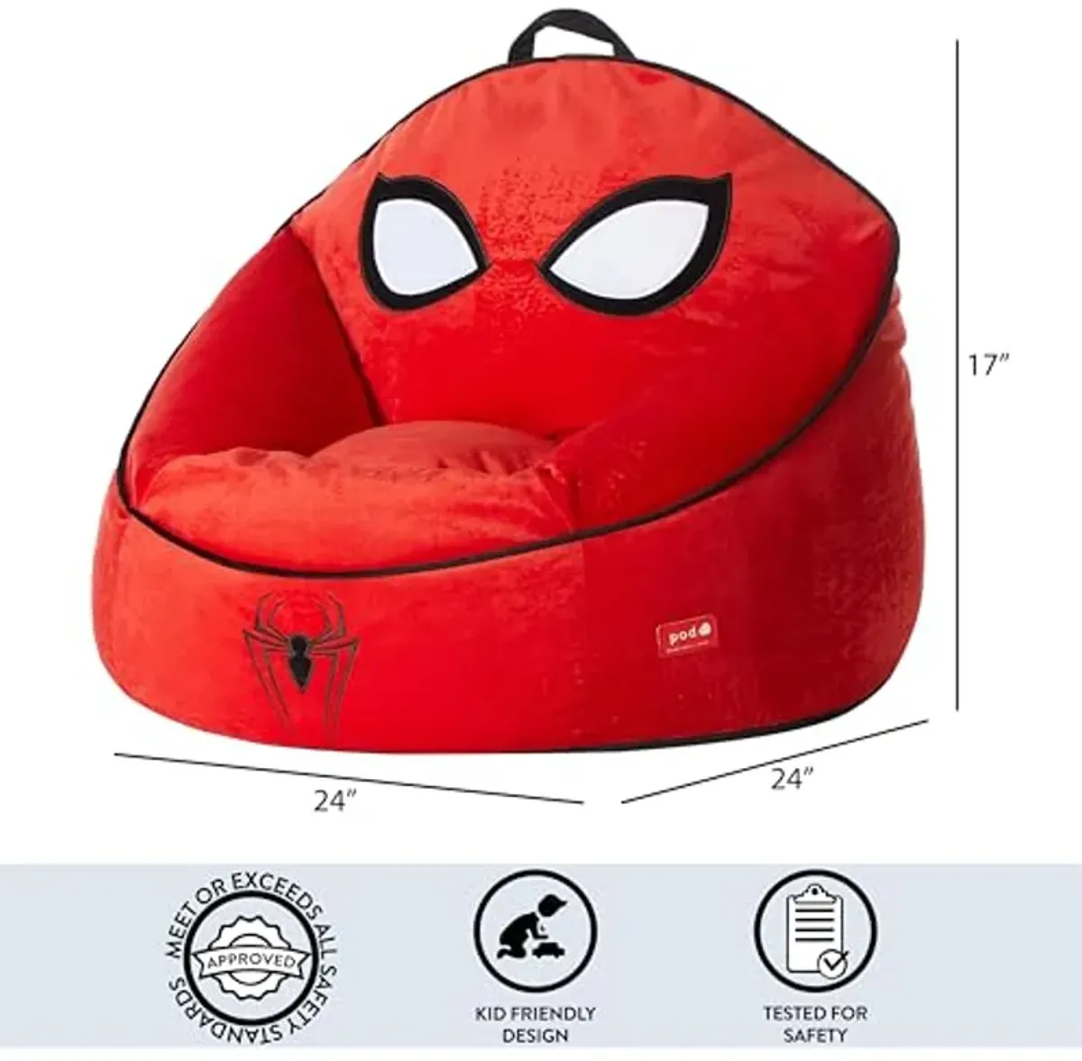 Idea Nuova Marvel Spiderman Hillside by pod Comfortable Bean Bag Chair for Kids – Durable Fabric, Ideal for Playrooms and Bedrooms,24" Wx24 Dx17 H