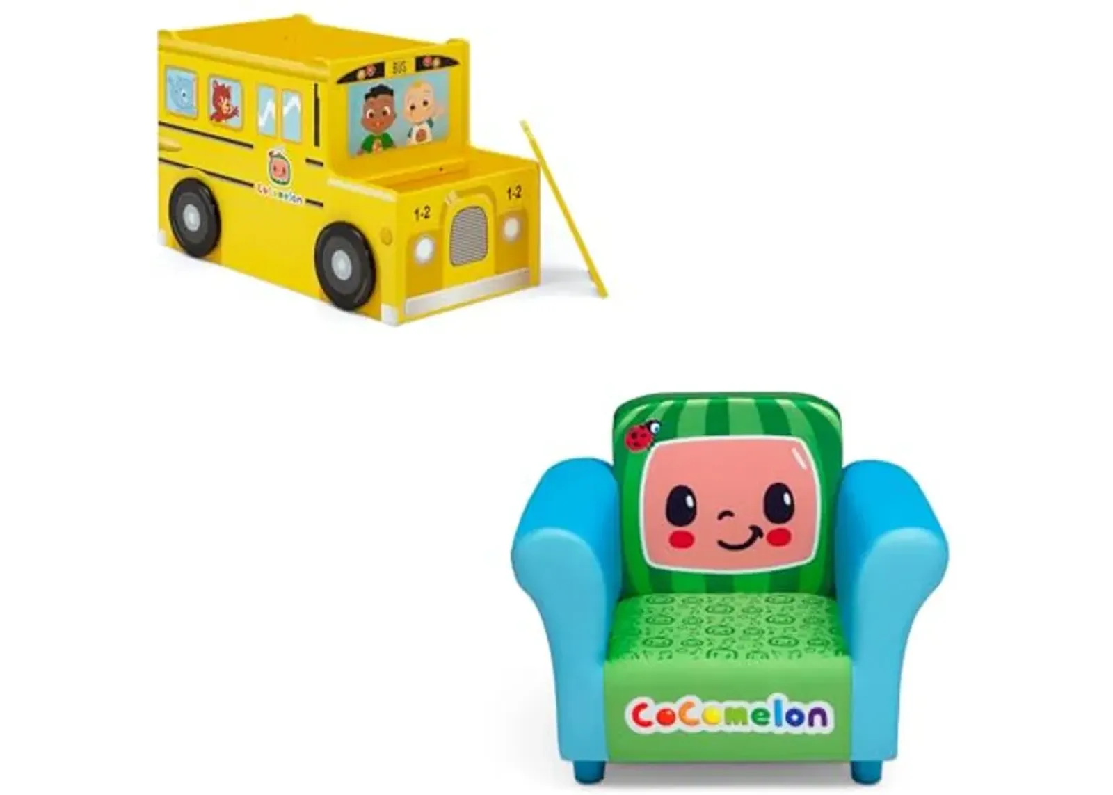 Delta Children CoComelon School Bus Toy Box + Delta Children CoComelon Upholstered Chair (Bundle)