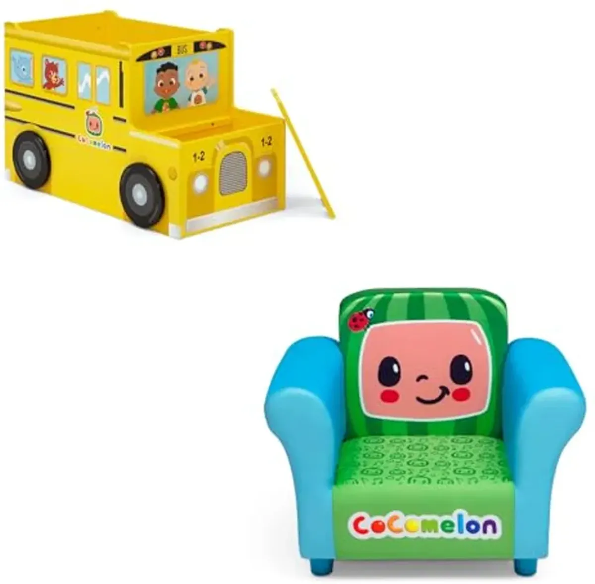 Delta Children CoComelon School Bus Toy Box + Delta Children CoComelon Upholstered Chair (Bundle)