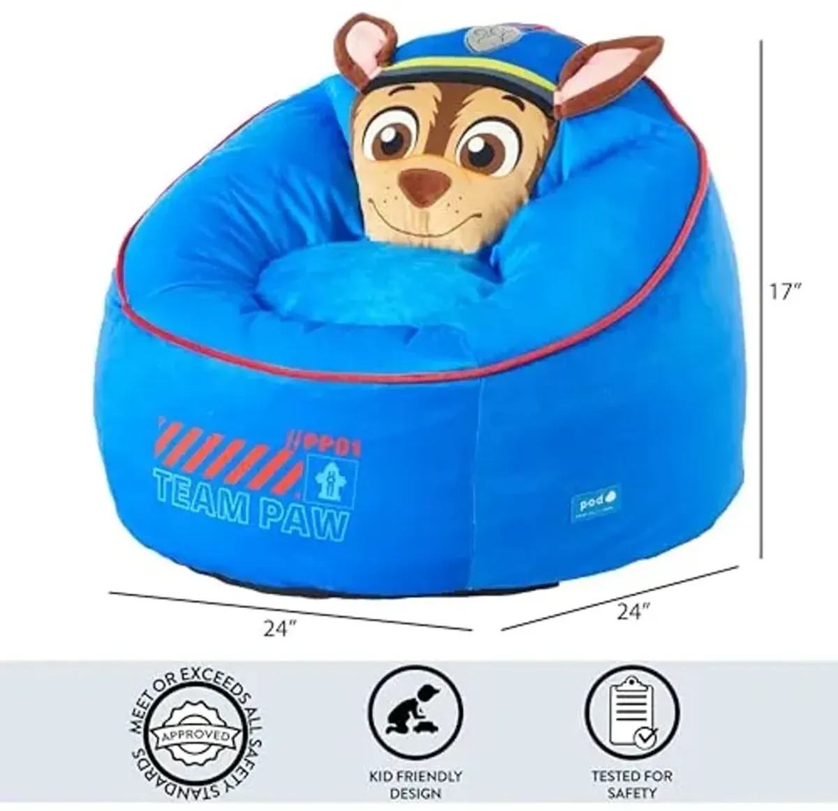 Idea Nuova Paw Patrol Chase Hillside by pod Plush Kids Bean Bag Chair, 24" Wx24 Dx17 H