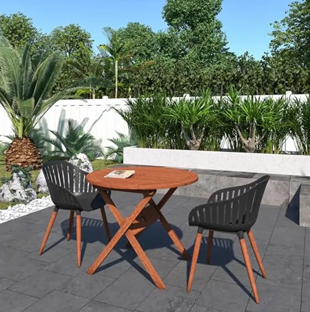 Amazonia Eucalyptus Wood | Durable and Ideal for Patio and Backyard, Black Chairs Maigh 3-Piece Round Outdoor Dining Set |, Brown