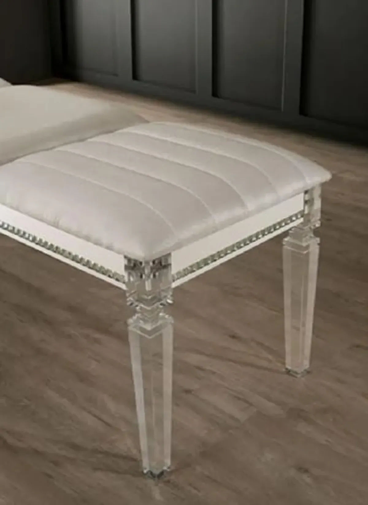 Wayborn Contemporary Pearl White Leatherette and Wood Maddie Bench with Acrylic Legs, 54" W X 18 1/8" D X 19 5/8" H, Assembly Required