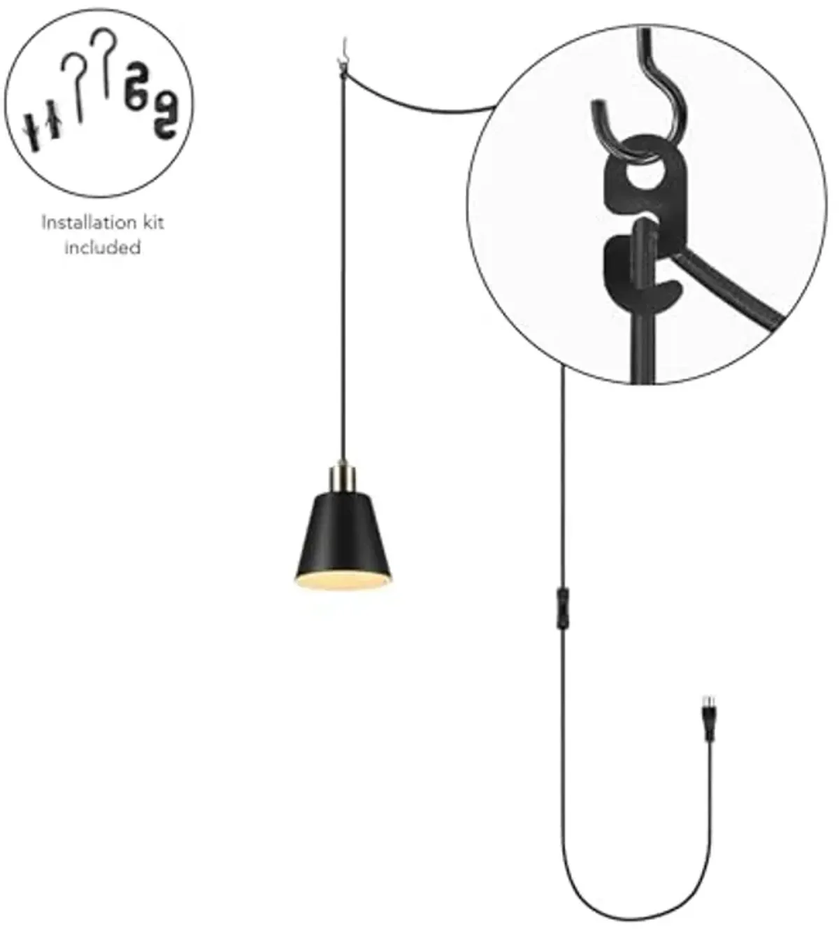 Globe Electric 67000153 1-Light Plug-in or Hardwire Pendant Light, Matte Black, Matte Brass Accents, Adjustable Height, Ceiling Lights, Home Essentials, Kitchen, Bedroom, Indoor Lighting, Décor