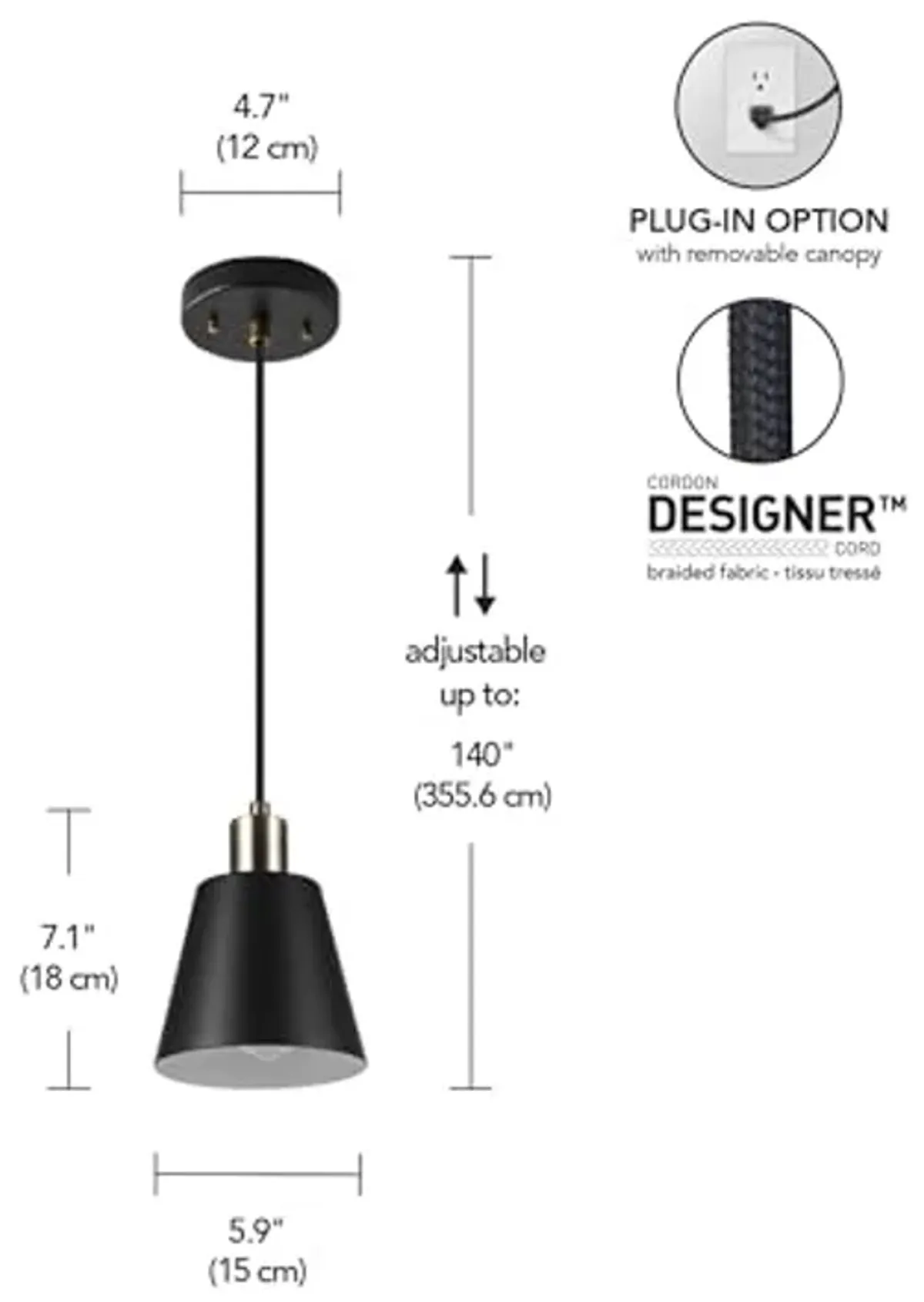 Globe Electric 67000153 1-Light Plug-in or Hardwire Pendant Light, Matte Black, Matte Brass Accents, Adjustable Height, Ceiling Lights, Home Essentials, Kitchen, Bedroom, Indoor Lighting, Décor