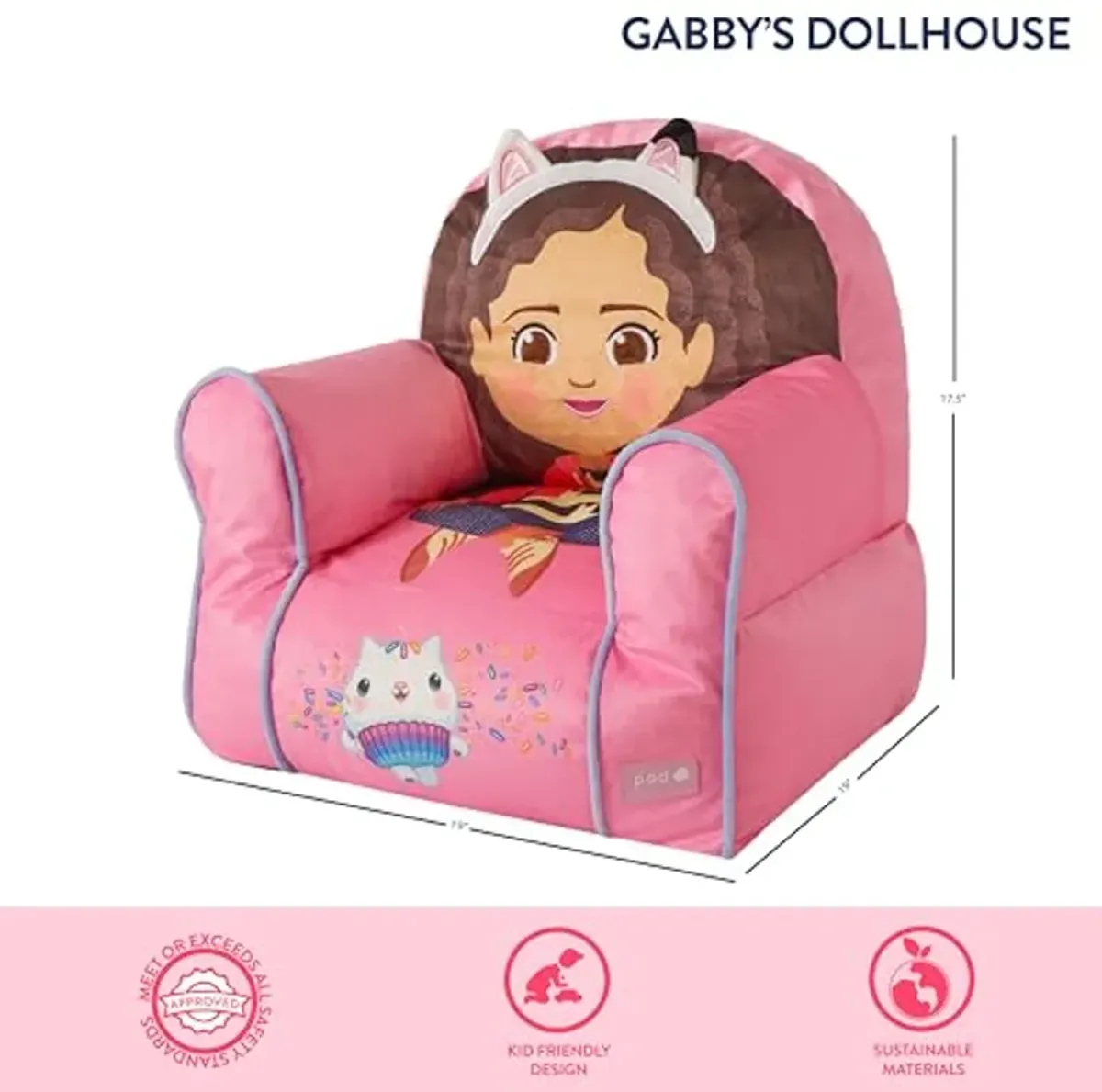 Idea Nuova Gabby's Dollhouse Themed Soft and Comfortable Bean Bag Sofa Chair for Kids