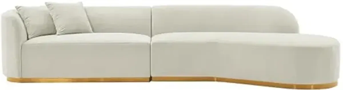 Manhattan Comfort Daria Contemporary 2-Piece Sectional Couch in Linen Upholstery, 132-Inch Living Room Sofa with Pine Wood Frame, Metal Base, High-Density Foam Padding & 2 Accent Pillows, Ivory