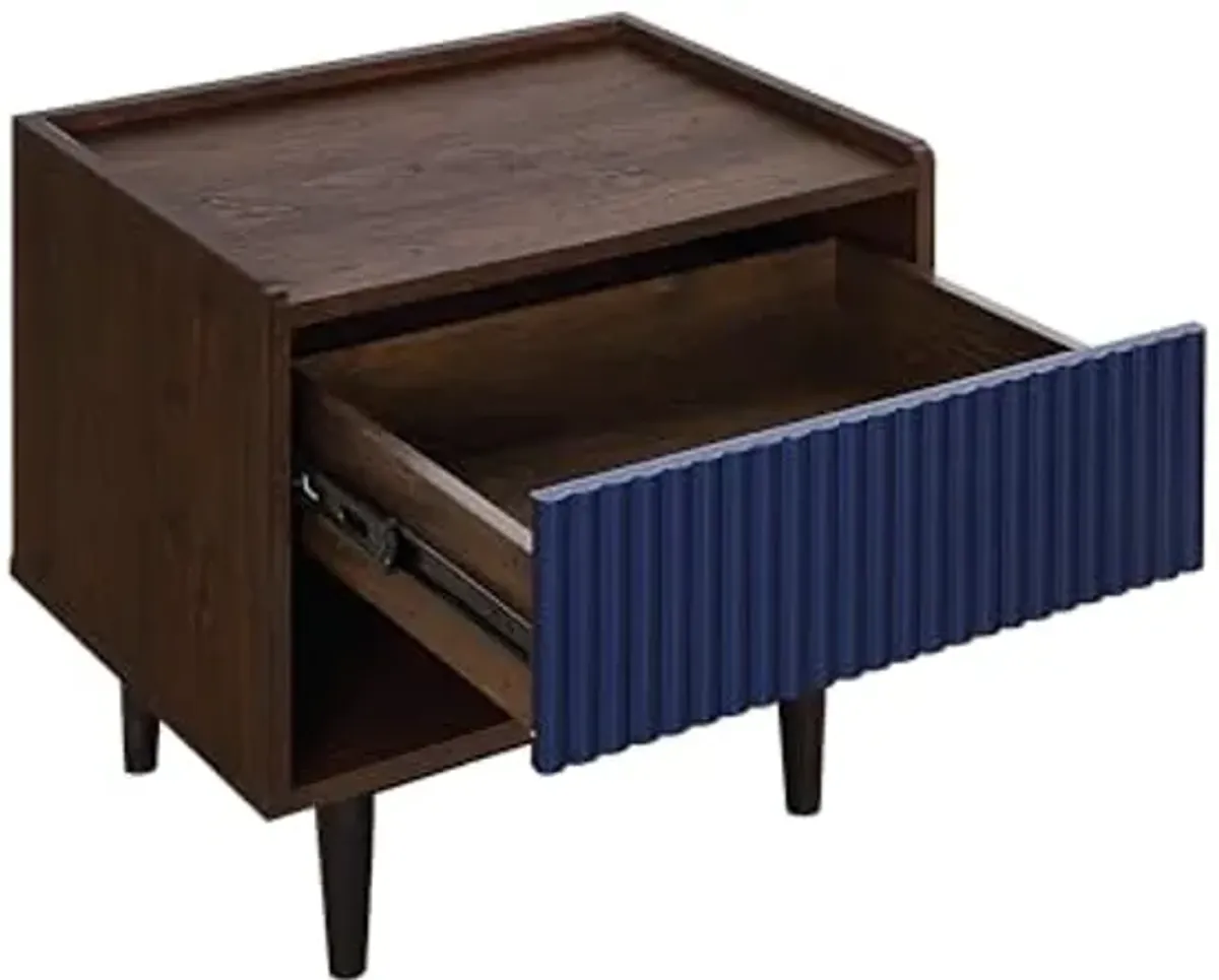 Manhattan Comfort Duane Mid Century Modern Ribbed Nightstand and Coffee Table with Storage, Living Room Furniture with Cabinet, Shelves and Iron Metal Feet, Set of 2, Navy Blue