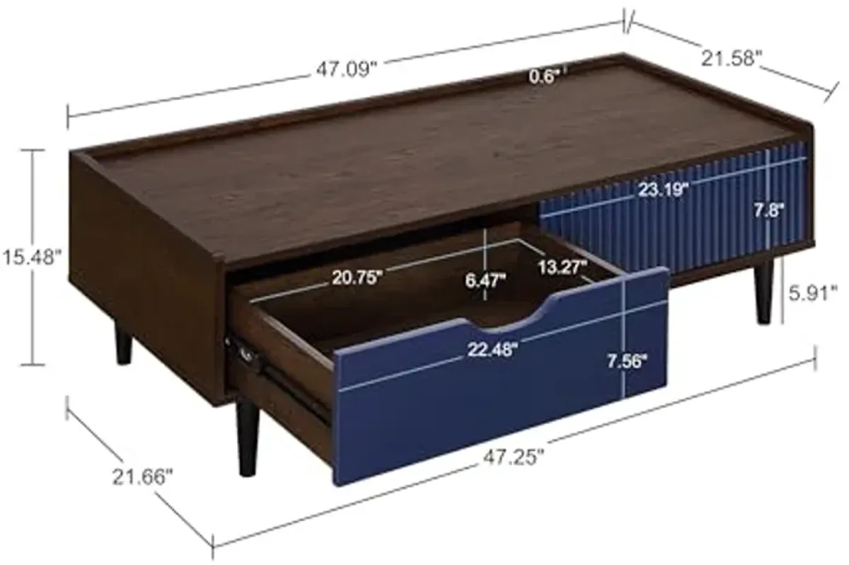 Manhattan Comfort Duane Mid Century Modern Ribbed Nightstand and Coffee Table with Storage, Living Room Furniture with Cabinet, Shelves and Iron Metal Feet, Set of 2, Navy Blue