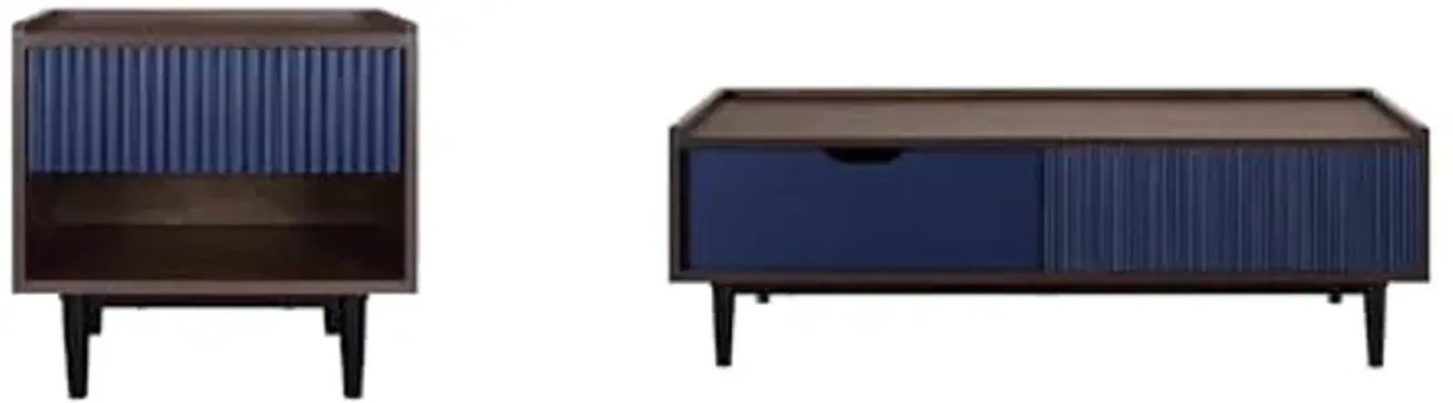 Manhattan Comfort Duane Mid Century Modern Ribbed Nightstand and Coffee Table with Storage, Living Room Furniture with Cabinet, Shelves and Iron Metal Feet, Set of 2, Navy Blue