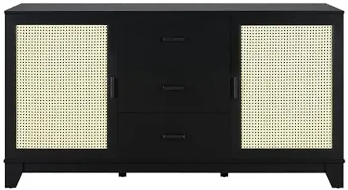 Manhattan Comfort Sheridan Modern Cane 60 Inch Sideboard with Drawers and Adjustable Shelves, Stylish Dining Room Storage with TV Stand Compatibility, 2 Door Accent Cabinet, Set of 1, Black
