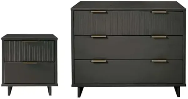 Manhattan Comfort Granville 2 Piece Modern Bedroom Dresser Set, Includes Standard Drawer Storage and Nightstand with Solid Wood Vertical Ribbed Design and Gold Accents, Dark Grey