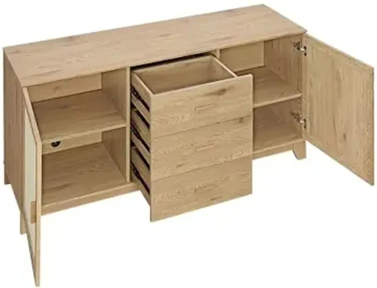 Manhattan Comfort Sheridan Modern Cane 60 Inch Sideboard with Drawers and Adjustable Shelves, Stylish Dining Room Storage with TV Stand Compatibility, 2 Door Accent Cabinet, Set of 1, Nature