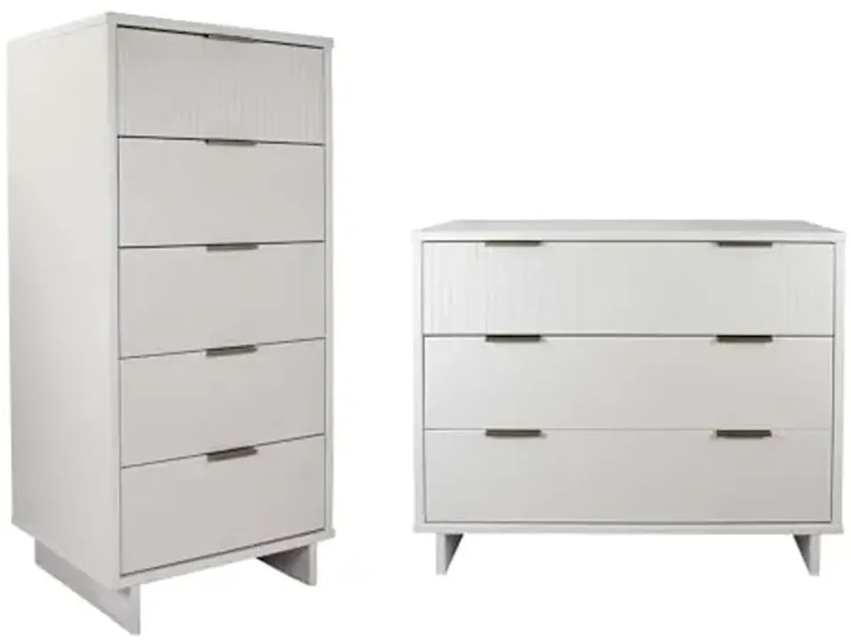 Manhattan Comfort Granville 2-Piece Modern Solid Wood Tall Narrow and Standard Dresser Set - Gold Finish Handles - Sleek Design for up to 35" TV - Elegant and Durable Bedroom Furniture, White