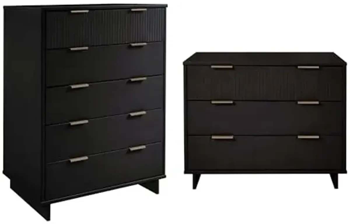Manhattan Comfort Granville 2-Piece Modern Solid Wood Tall Chest and Standard Dresser Set - Gold Finish Handles - Sleek Design for up to 35" TV - Elegant and durable Bedroom Furniture, Standard, Black