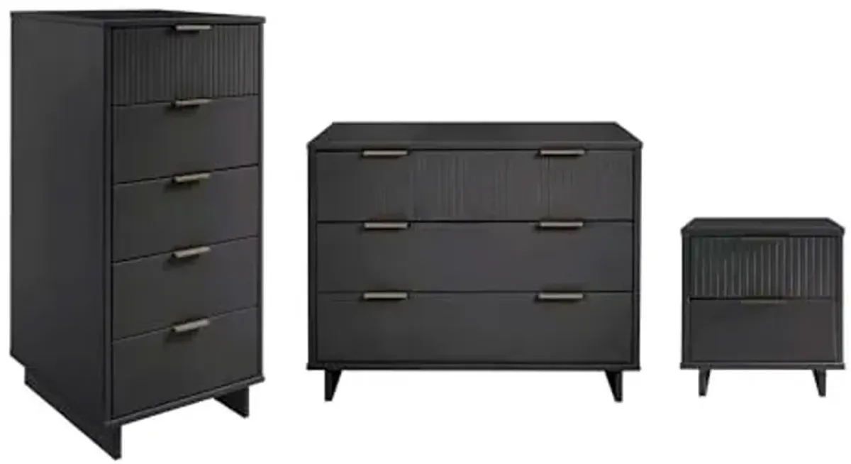 Manhattan Comfort Granville 3-Piece Bedroom Set, Modern 5-Drawer Tall Narrow Chest, 3-Drawer Dresser and Fluted Nightstand, Metal Gold Handles, TV Stand for Bedroom, Dorm or Nursery in Dark Grey