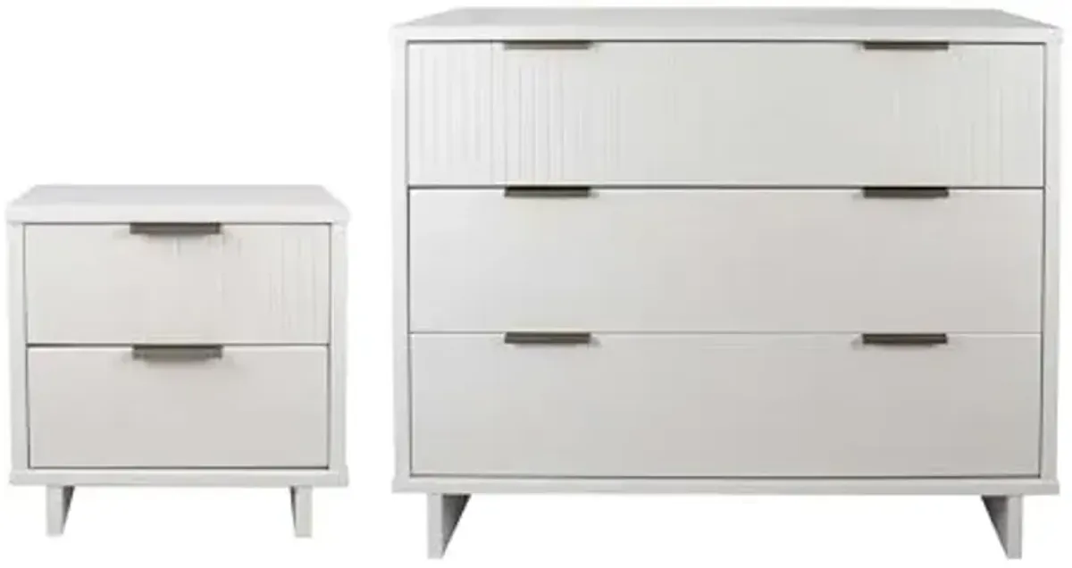 Manhattan Comfort Granville 2 Piece Modern Bedroom Dresser Set, Includes Standard Drawer Storage and Nightstand with Solid Wood Vertical Ribbed Design and Gold Accents, White