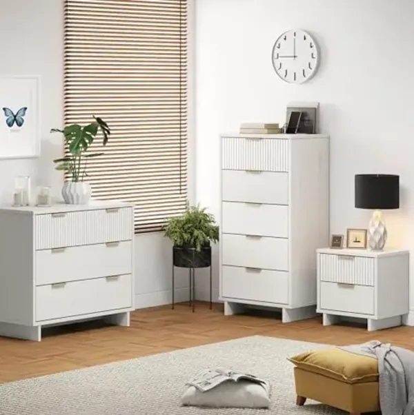 Manhattan Comfort Granville 3-Piece Bedroom Set, Modern 5-Drawer Tall Narrow Chest, 3-Drawer Dresser and Fluted Nightstand, Metal Gold Handles, TV Stand for Bedroom, Dorm or Nursery in White