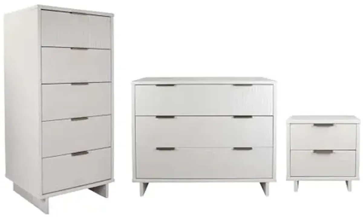 Manhattan Comfort Granville 3-Piece Bedroom Set, Modern 5-Drawer Tall Narrow Chest, 3-Drawer Dresser and Fluted Nightstand, Metal Gold Handles, TV Stand for Bedroom, Dorm or Nursery in White