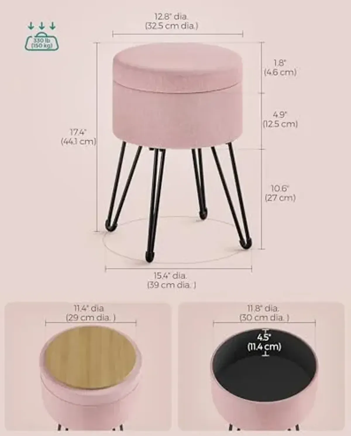 SONGMICS Vanity Stool Chair, Small Ottoman Stool with Storage, Vanity Chair, 15.4 Dia. x 17.4 Inches, 4 Metal Legs, for Makeup Room, for Living Room, Bedroom, Jelly Pink ULOM002R01