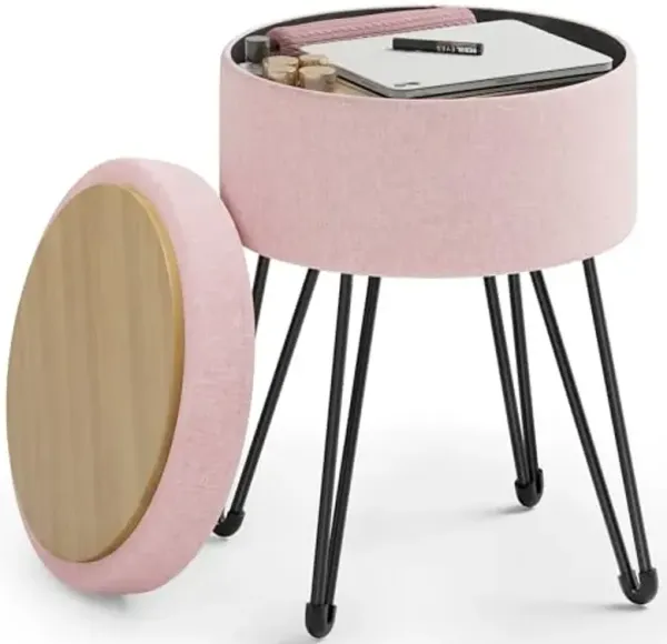 SONGMICS Vanity Stool Chair, Small Ottoman Stool with Storage, Vanity Chair, 15.4 Dia. x 17.4 Inches, 4 Metal Legs, for Makeup Room, for Living Room, Bedroom, Jelly Pink ULOM002R01