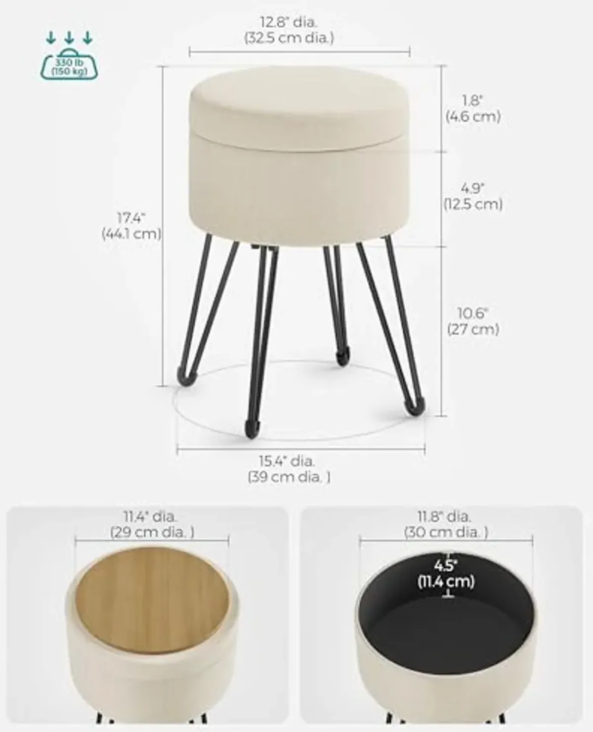 SONGMICS Vanity Stool Chair, Small Ottoman Stool with Storage, Vanity Chair, 15.4 Dia. x 17.4 Inches, 4 Metal Legs, for Makeup Room, for Living Room, Bedroom, Cream White ULOM002W01