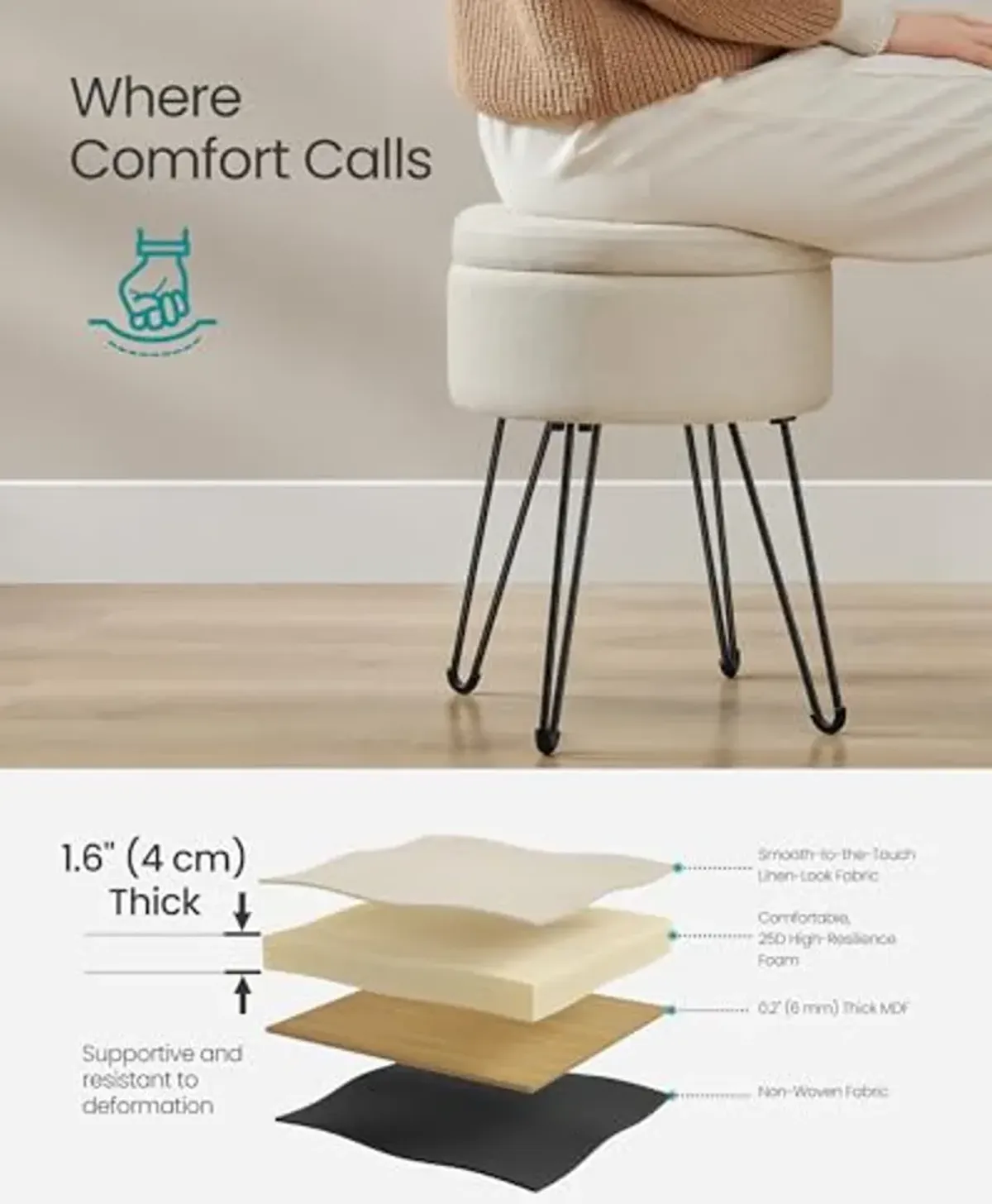 SONGMICS Vanity Stool Chair, Small Ottoman Stool with Storage, Vanity Chair, 15.4 Dia. x 17.4 Inches, 4 Metal Legs, for Makeup Room, for Living Room, Bedroom, Cream White ULOM002W01