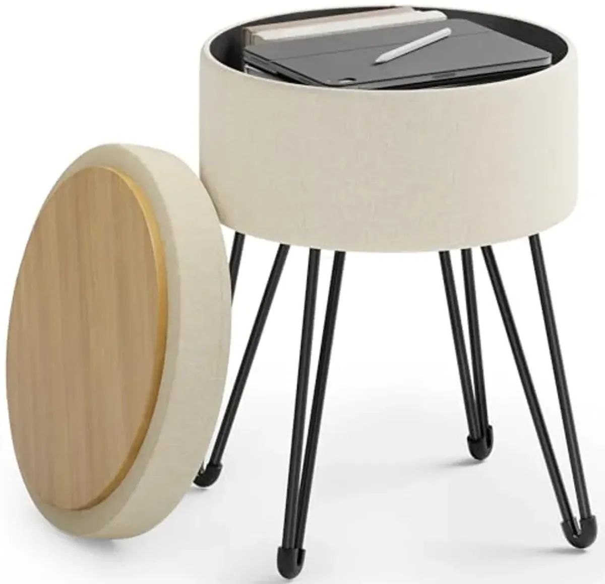 SONGMICS Vanity Stool Chair, Small Ottoman Stool with Storage, Vanity Chair, 15.4 Dia. x 17.4 Inches, 4 Metal Legs, for Makeup Room, for Living Room, Bedroom, Cream White ULOM002W01