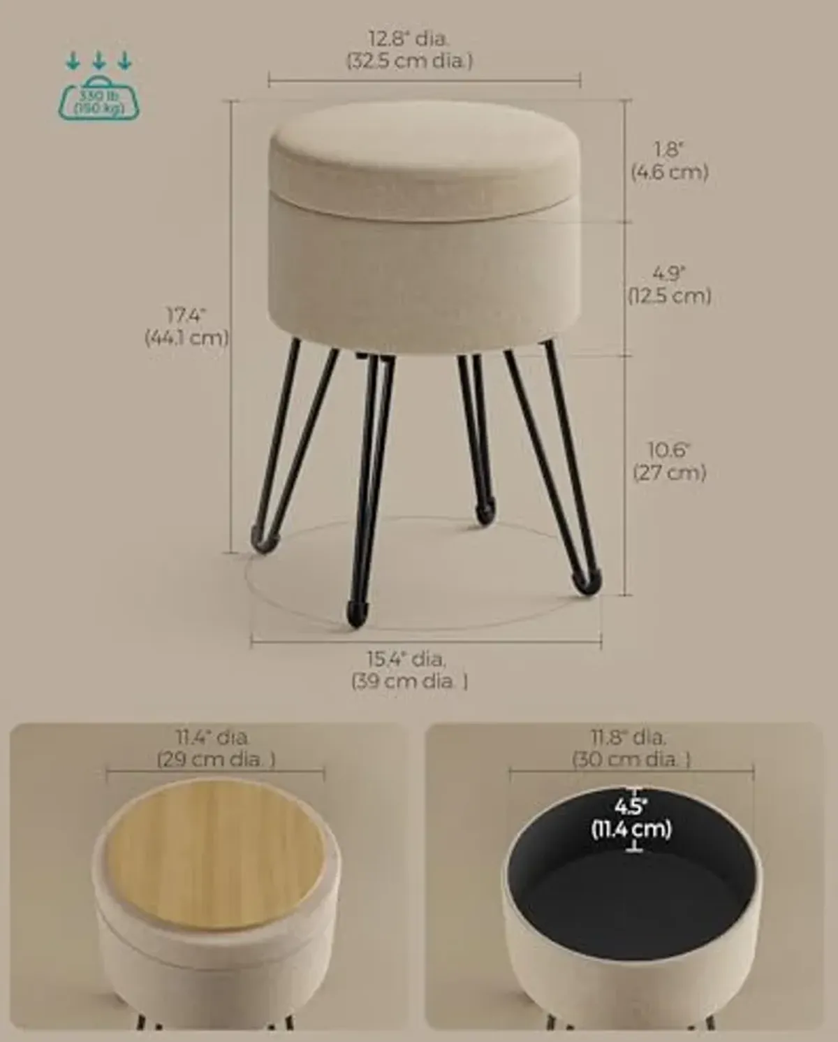 SONGMICS Vanity Stool Chair, Small Ottoman Stool with Storage, Vanity Chair, 15.4 Dia. x 17.4 Inches, 4 Metal Legs, for Makeup Room, for Living Room, Bedroom, Camel Brown ULOM002K01