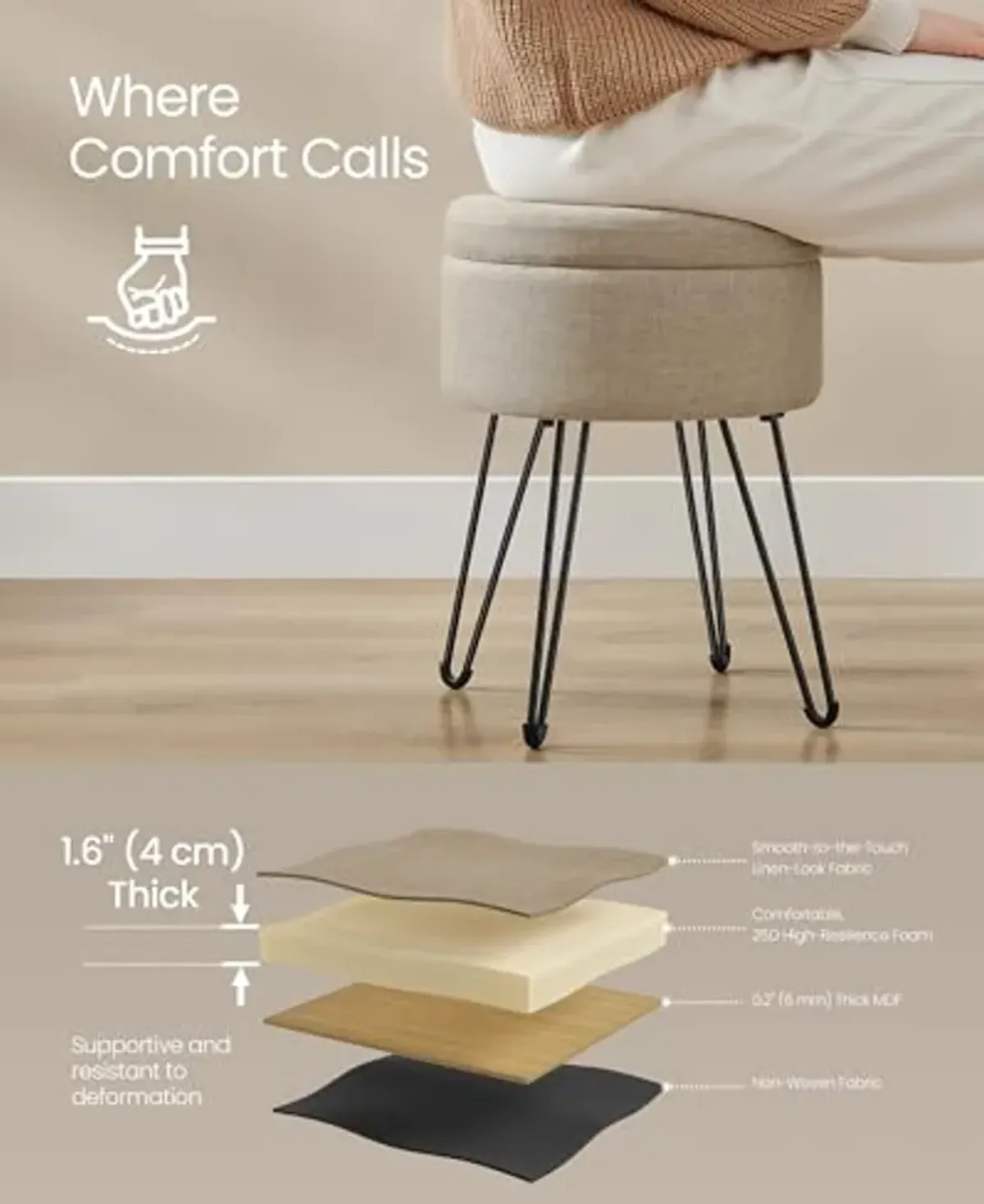 SONGMICS Vanity Stool Chair, Small Ottoman Stool with Storage, Vanity Chair, 15.4 Dia. x 17.4 Inches, 4 Metal Legs, for Makeup Room, for Living Room, Bedroom, Camel Brown ULOM002K01