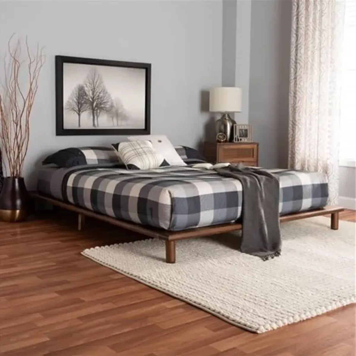 Baxton Studio Alivia Mid-Century Modern Walnut Brown Finished Wood King Size Bed Frame