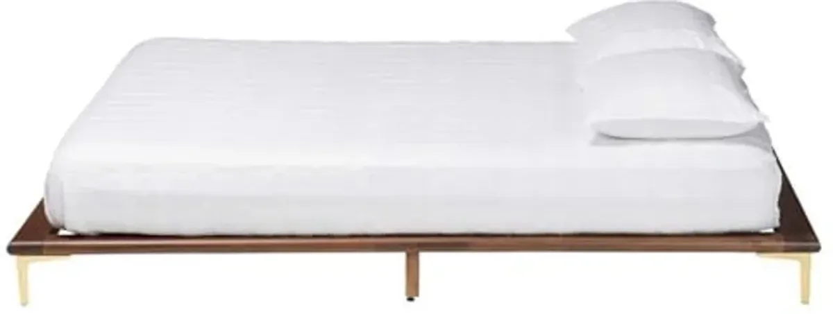 Baxton Studio Channary Mid-Century Modern Transitional Walnut Brown Finished Wood and Gold Metal King Size Bed Frame