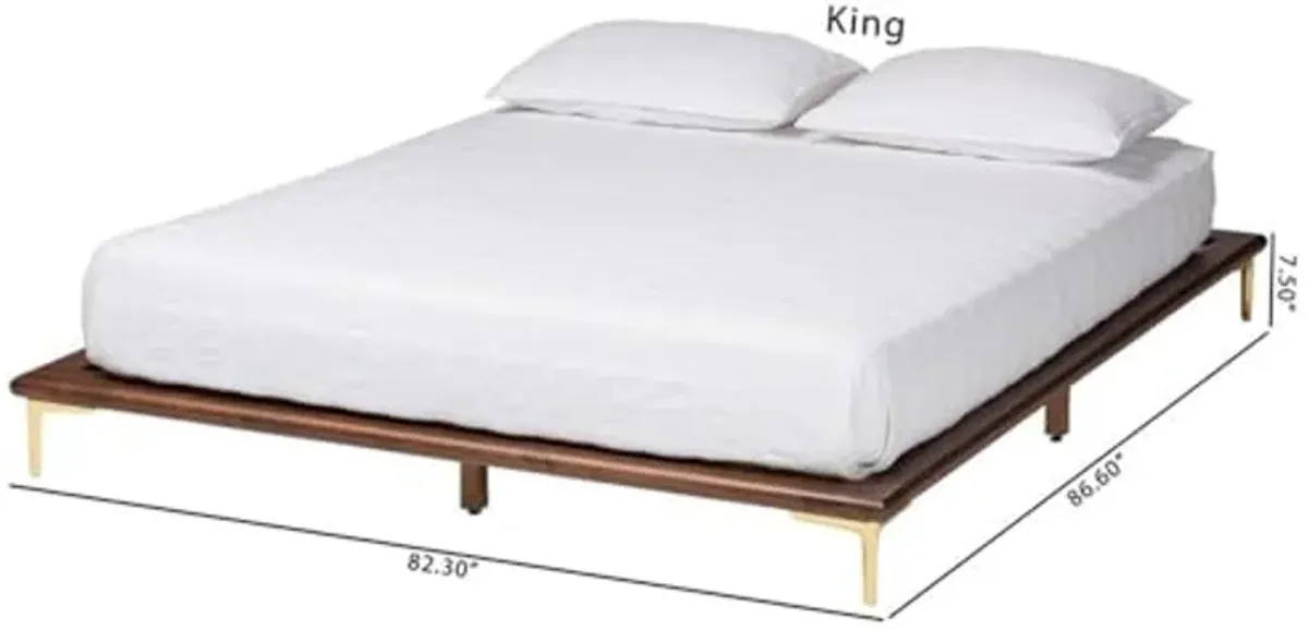 Baxton Studio Channary Mid-Century Modern Transitional Walnut Brown Finished Wood and Gold Metal King Size Bed Frame