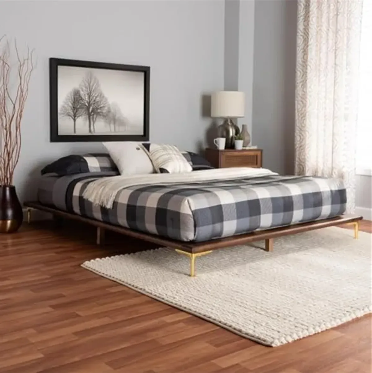 Baxton Studio Channary Mid-Century Modern Transitional Walnut Brown Finished Wood and Gold Metal King Size Bed Frame