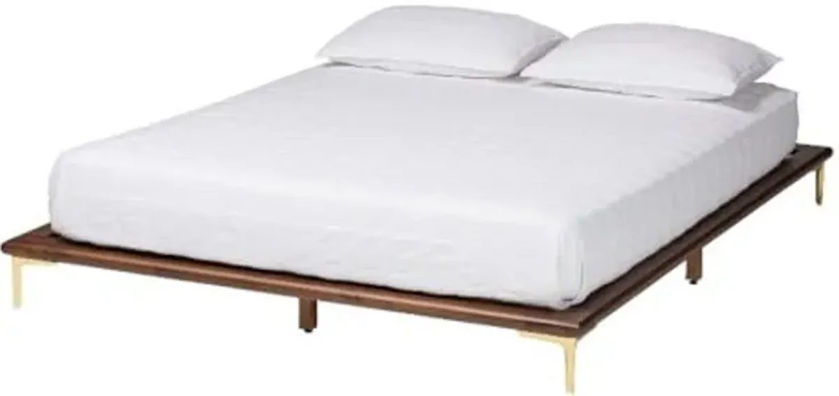 Baxton Studio Channary Walnut Brown Wood and Gold Metal King Size Bed Frame