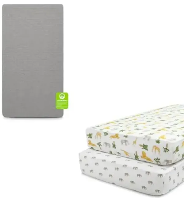 babyGap TrueSleep 2-Stage Deluxe Crib and Toddler Mattress + Delta Children Fitted Crib Sheets for Girls and Boys (Pack of 2), Safari Friends (Bundle)
