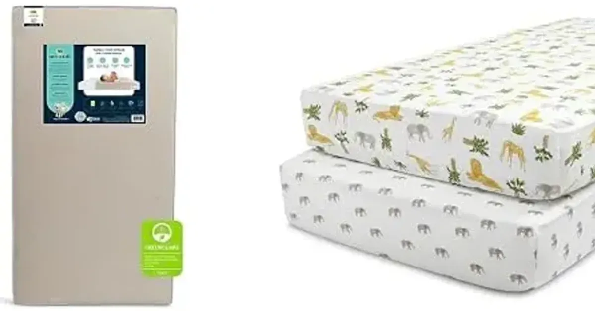 Delta Children Serta Perfect Start Limited Dual Sided Baby Crib Mattress and Toddler Mattress Fitted Crib Sheets for Girls and Boys (Pack of 2), Safari Friends (Bundle)