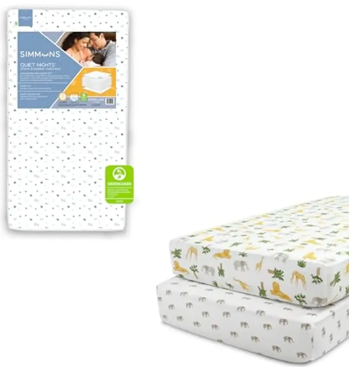 Delta Children Simmons Kids Quiet Nights Dual Sided Crib and Toddler Mattress Fitted Crib Sheets for Girls and Boys (Pack of 2), Safari Friends (Bundle)